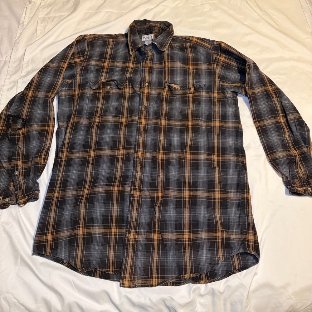 VTG well worn Carhartt Men's Plaid Shirt - Black and Orange